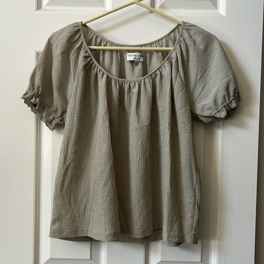 Madewell Taupe (tan/grey) Womens Flowy Blouse with Scrunched Short Sleeves (S)